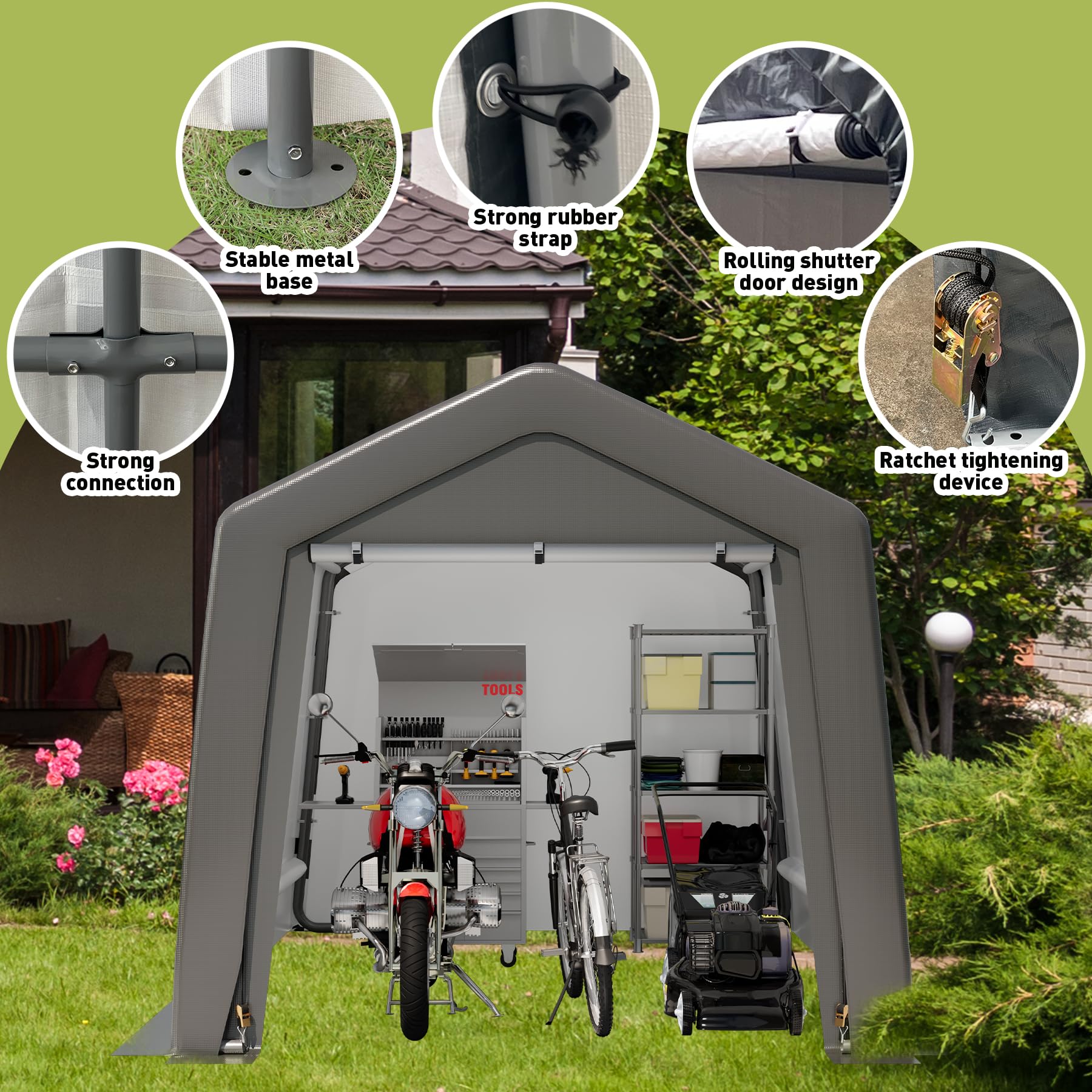 Garvee Capannone portaoggetti portatile per esterni 8x12x7,7 piedi, impermeabile, struttura in metallo, resistente ai raggi UV, per moto e giardino, grigio