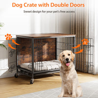 Garvee Dog Crate Furniture 32,5" Modern Double Door Estraibile Vassoio Ruote in Legno Soggiorno per Cani di Taglia Media