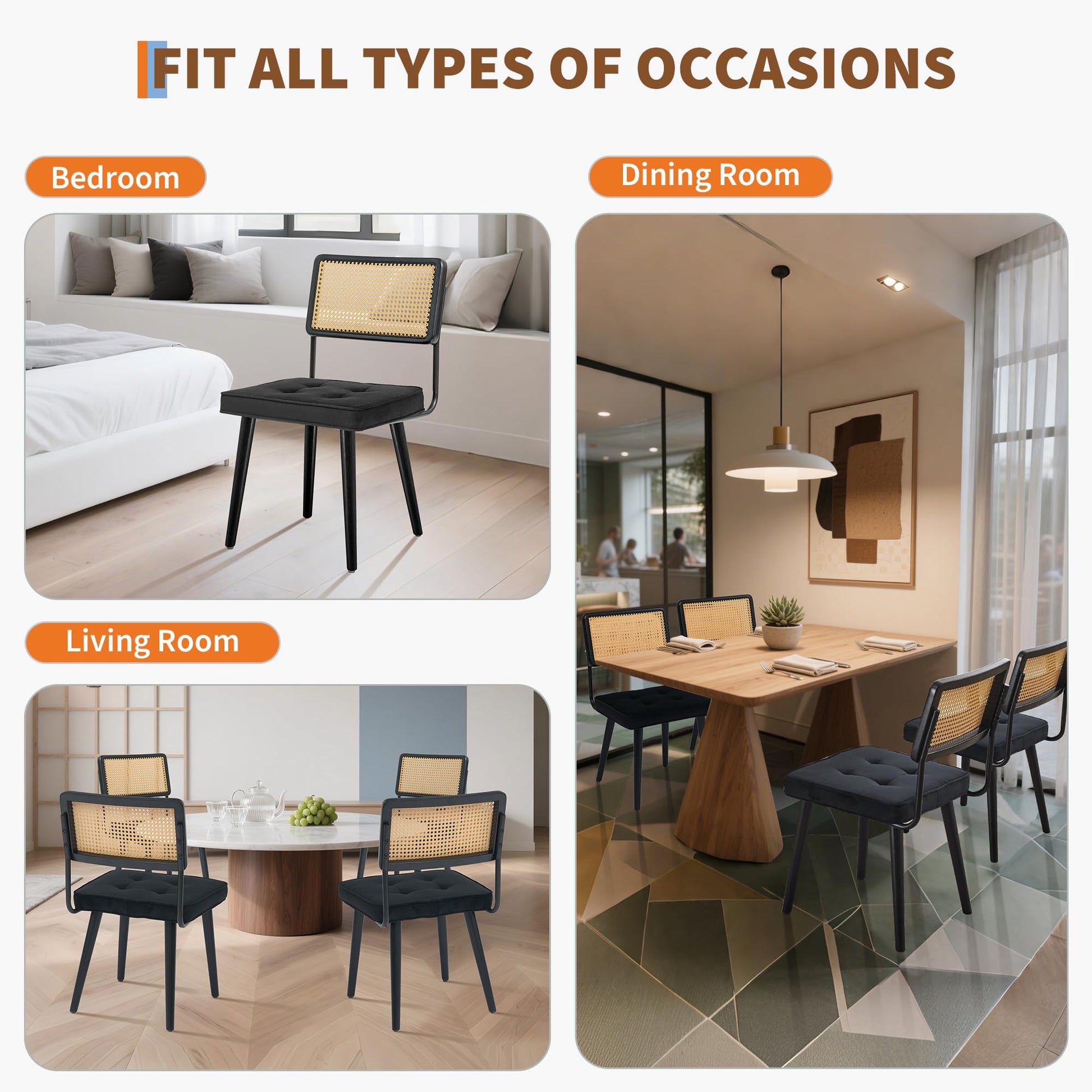 Set di 2 sedie da pranzo in rattan naturale Garvee con seduta imbottita in velluto e gambe in legno massello per cucina e sala da pranzo, stile boho nero