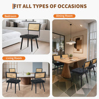 Set di 2 sedie da pranzo in rattan naturale Garvee con seduta imbottita in velluto e gambe in legno massello per cucina e sala da pranzo, stile boho nero