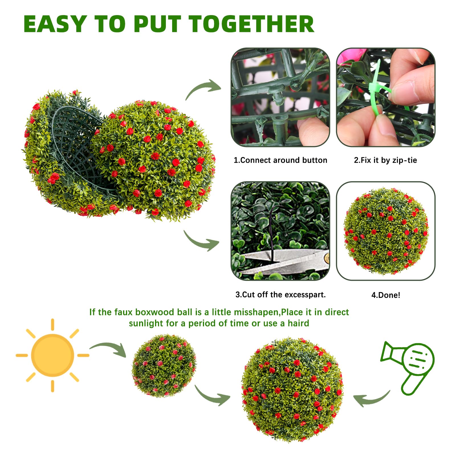 Palla di bosso artificiale Garvee da 16,5" con fiori rossi, resistente alle intemperie, facile da pulire, materiale PE per balcone e giardino