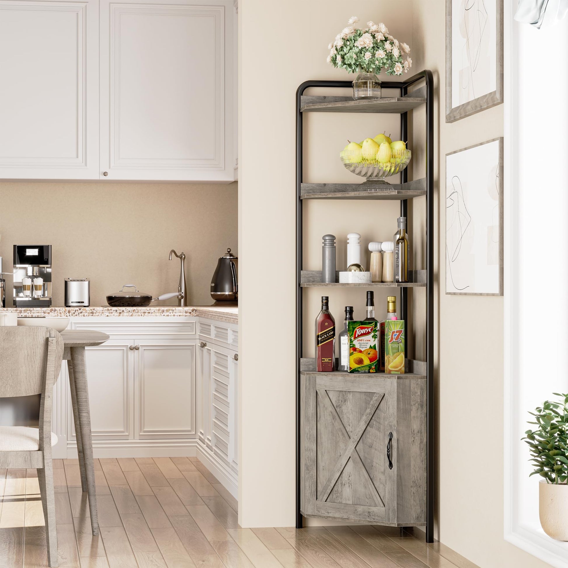 Mobile Angolare Garvee da 70.9 pollici, libreria a 5 ripiani, struttura in metallo, legno, rustico, industriale, stabile, piedini regolabili, soggiorno, ufficio, cucina, grigio