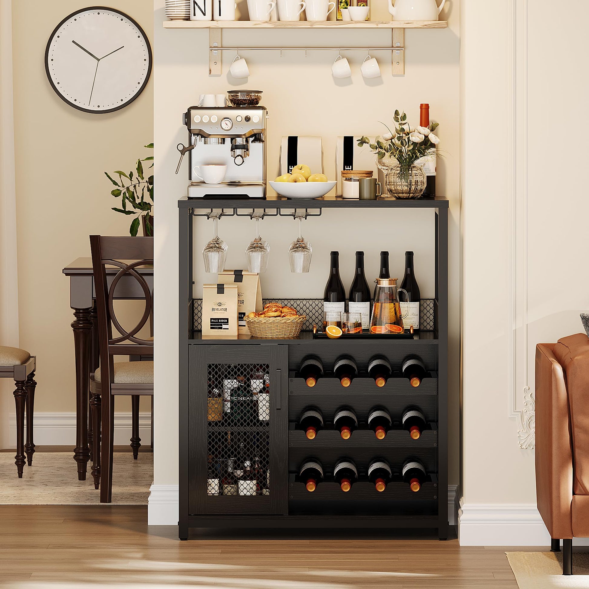 Mobile bar per vino Garvee con luce LED, ripiani regolabili, porta a rete, MDF e metallo, 36 pollici, cucina e sala da pranzo, base stabile, nero