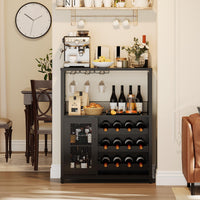 Mobile bar per vino Garvee con luce LED, ripiani regolabili, porta a rete, MDF e metallo, 36 pollici, cucina e sala da pranzo, base stabile, nero