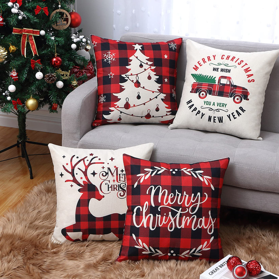 GARVEE Federa per cuscino natalizio rosso con motivo a cervo, 4 pezzi, per decorazione divano, 45 x 45 cm, motivo tartan