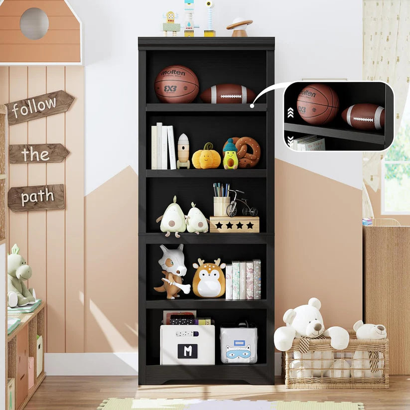 Garvee Libreria a 5 Ripiani Regolabile Antiscivolo MDF Robusto Nero per Soggiorno e Ufficio 175 cm Alta