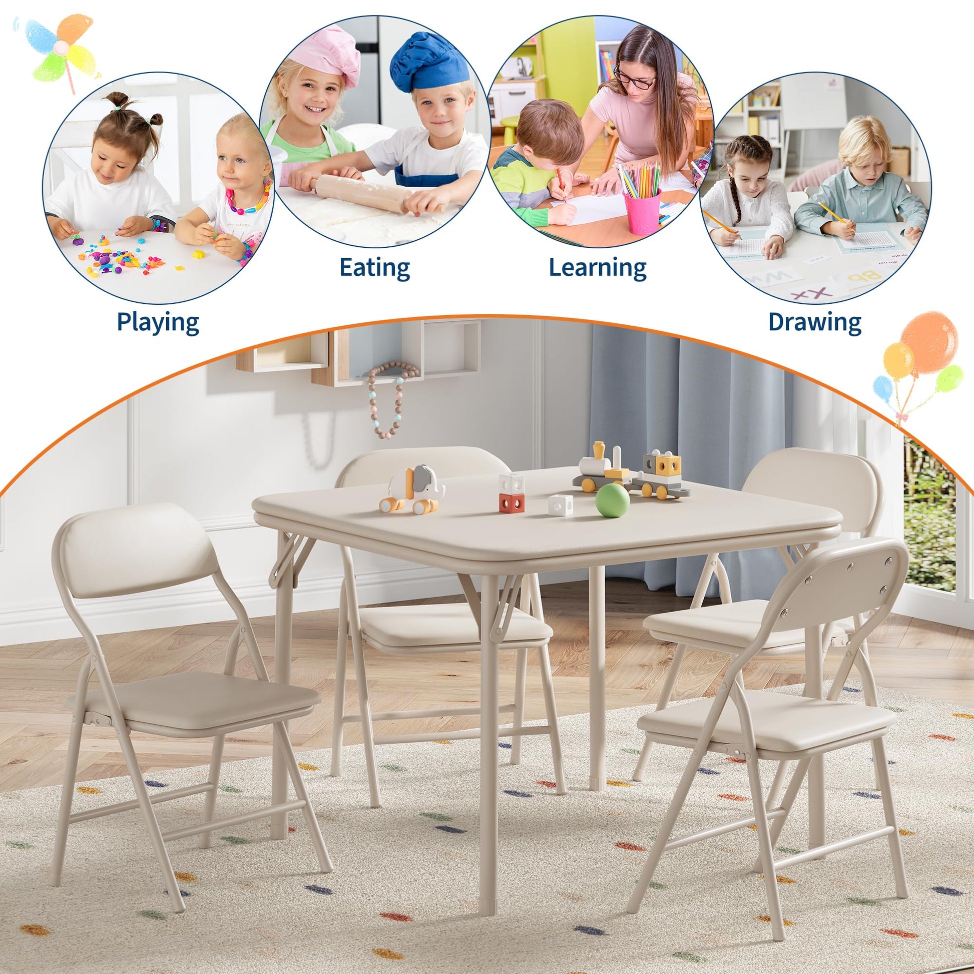 Set tavolo e sedie pieghevoli per bambini Garvee da 3 pezzi, pieghevole, sicuro, in similpelle, antiruggine, per sala giochi e asilo
