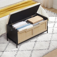Garvee Panca Contenitore 39.4" in Rattan con Cuscino Nero e Rovere, Struttura Metallica Robusta, Maniglie Laterali Ergonomiche per Ingresso e Soggiorno