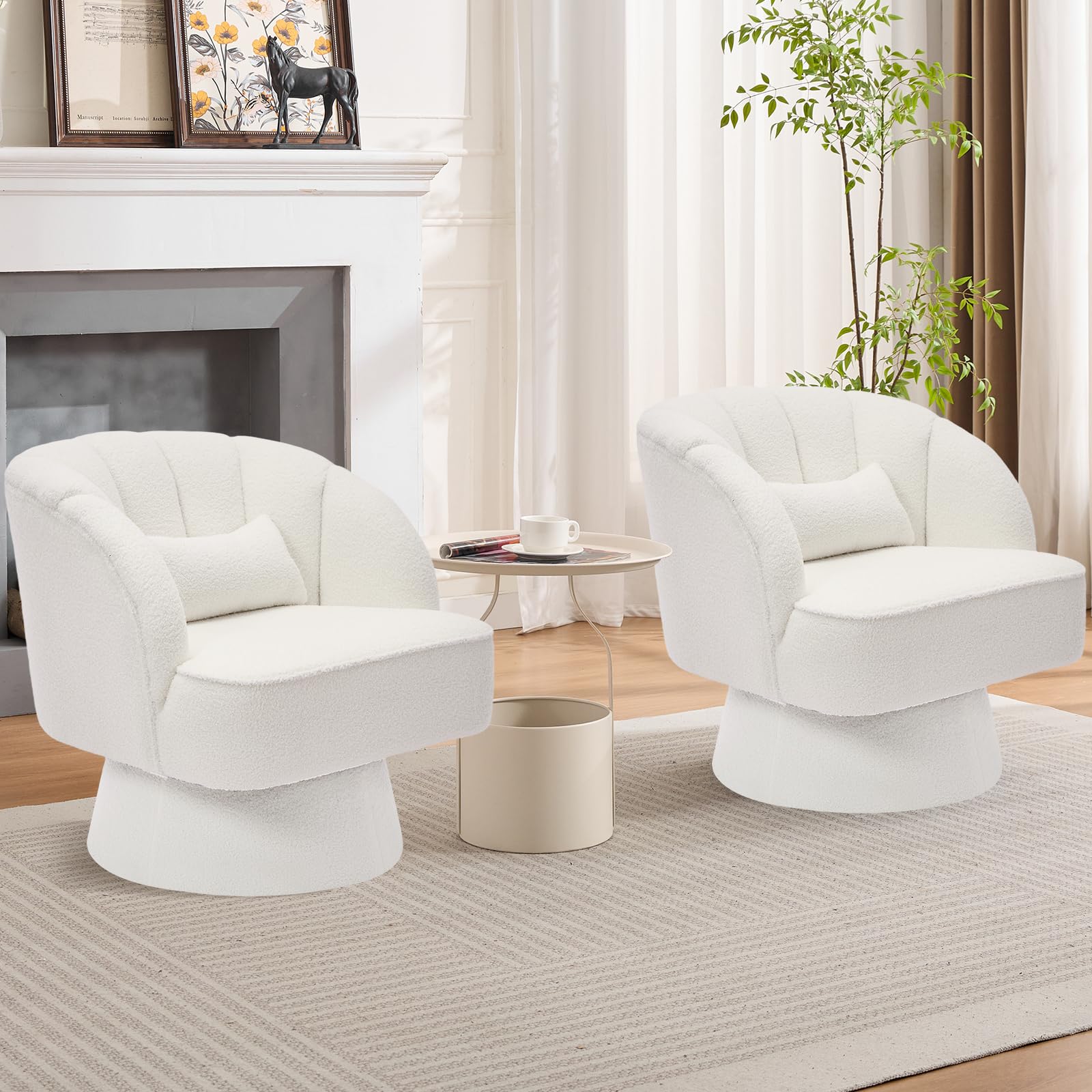 Poltrona girevole Garvee a botte con schienale a righe, struttura in legno, rivestimento in tessuto Teddy, girevole a 360°, per soggiorno e camera da letto