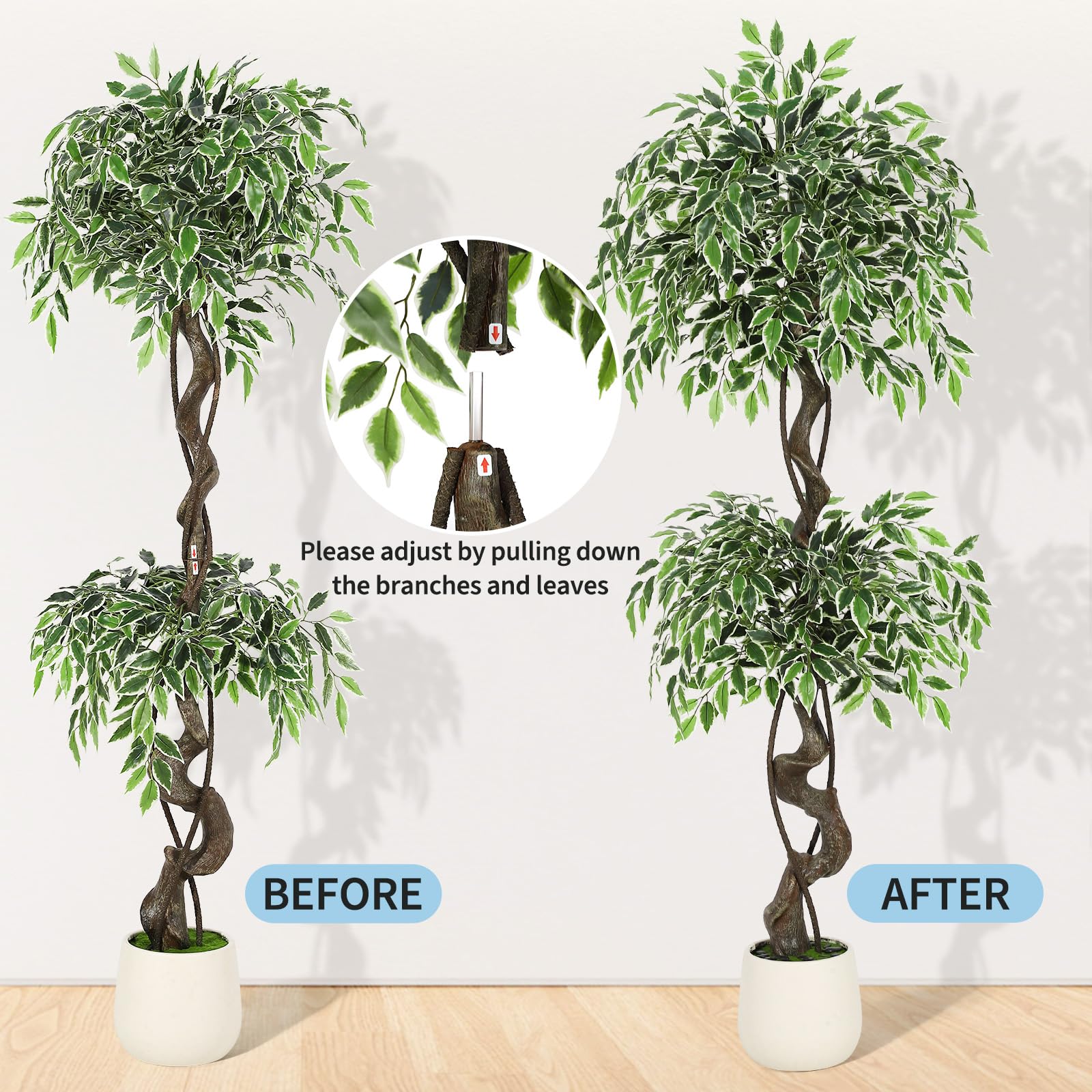 Albero di ficus artificiale Garvee da 5 piedi con oltre 1100 foglie di seta, vaso in ceramica RESISTANT, muschio e ciottoli per ufficio e soggiorno, verde realistico