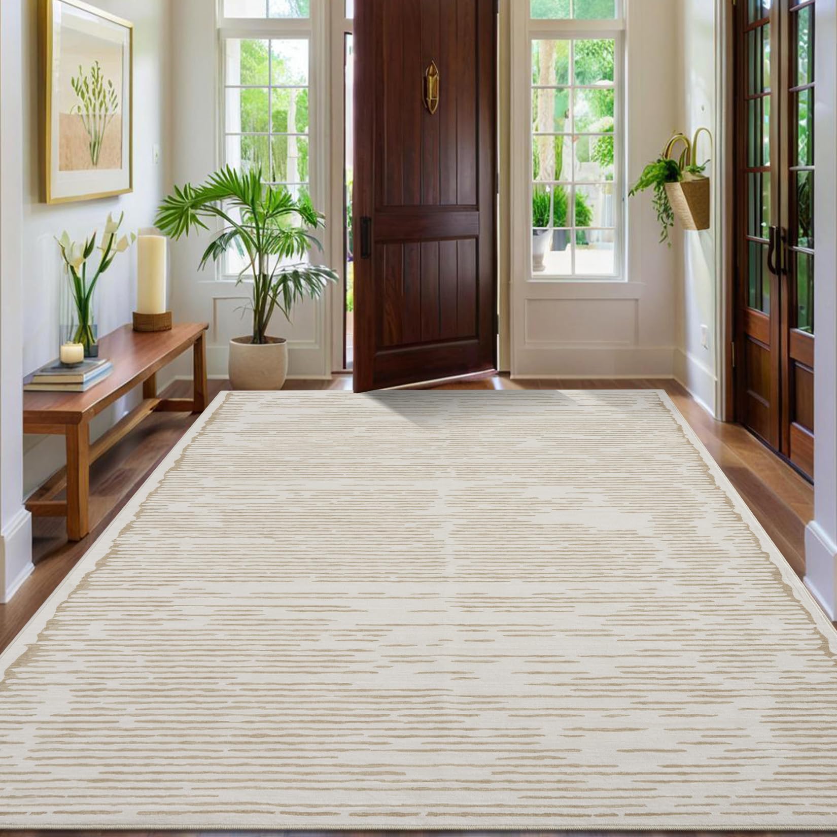 Tappeto a pelo corto Garvee per soggiorno/camera da letto, 160x230cm, beige, lavabile, antiscivolo