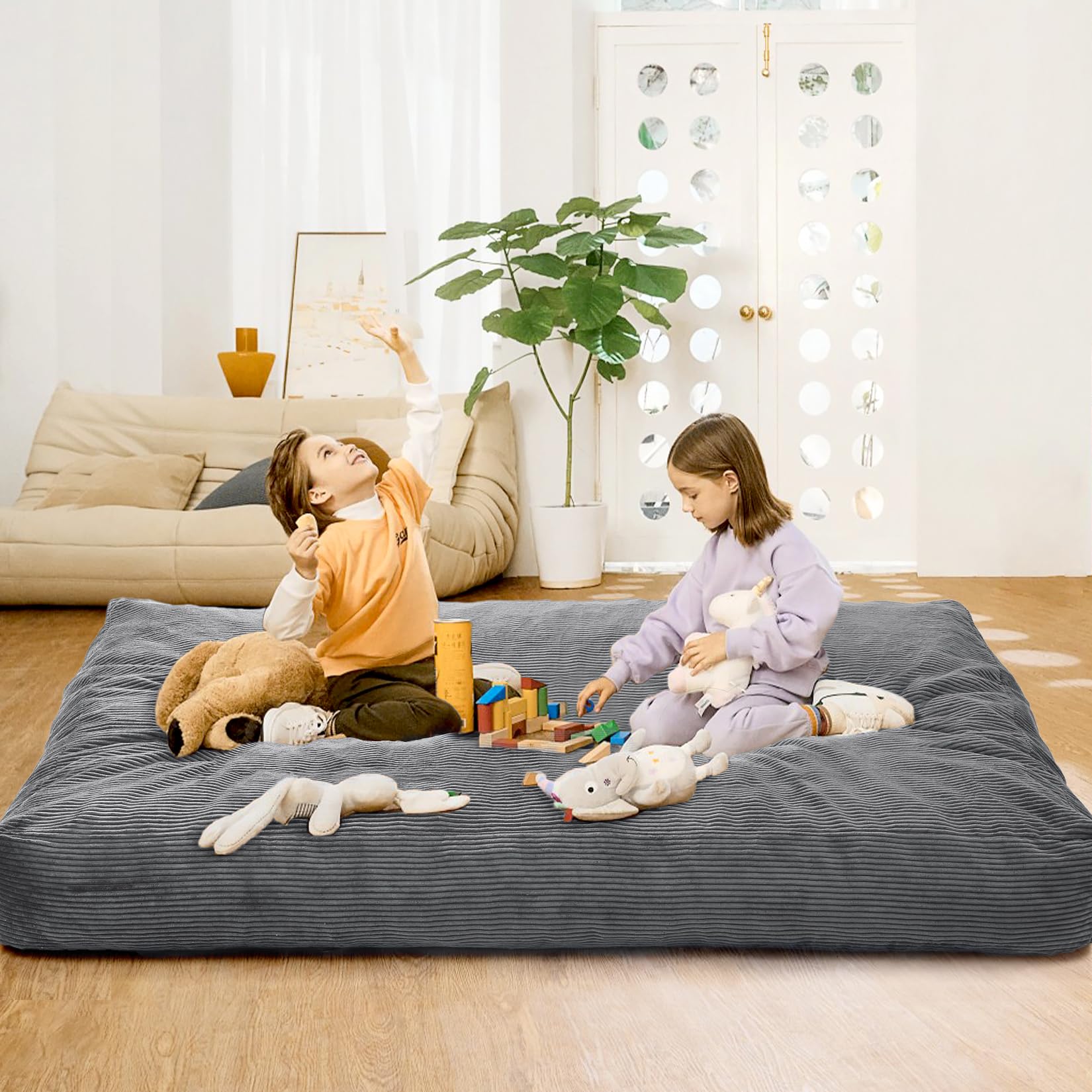 Poltrona a sacco Garvee per adulti, letto a sacco gigante trasformabile 2 in 1, rivestimento in velluto a coste lavabile, grigio chiaro, per soggiorno e camera da letto