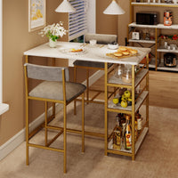 Set da pranzo Garvee per 2 persone con seduta in velluto, 3 ripiani, MDF e acciaio, tavolo in marmo impermeabile, grigio-oro, salvaspazio per punch piccole
