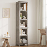 Libreria stretta Garvee a 5 ripiani con ripiani regolabili per soggiorno e ufficio, alta 180 cm, grigia, gambe in legno, MDF robusto