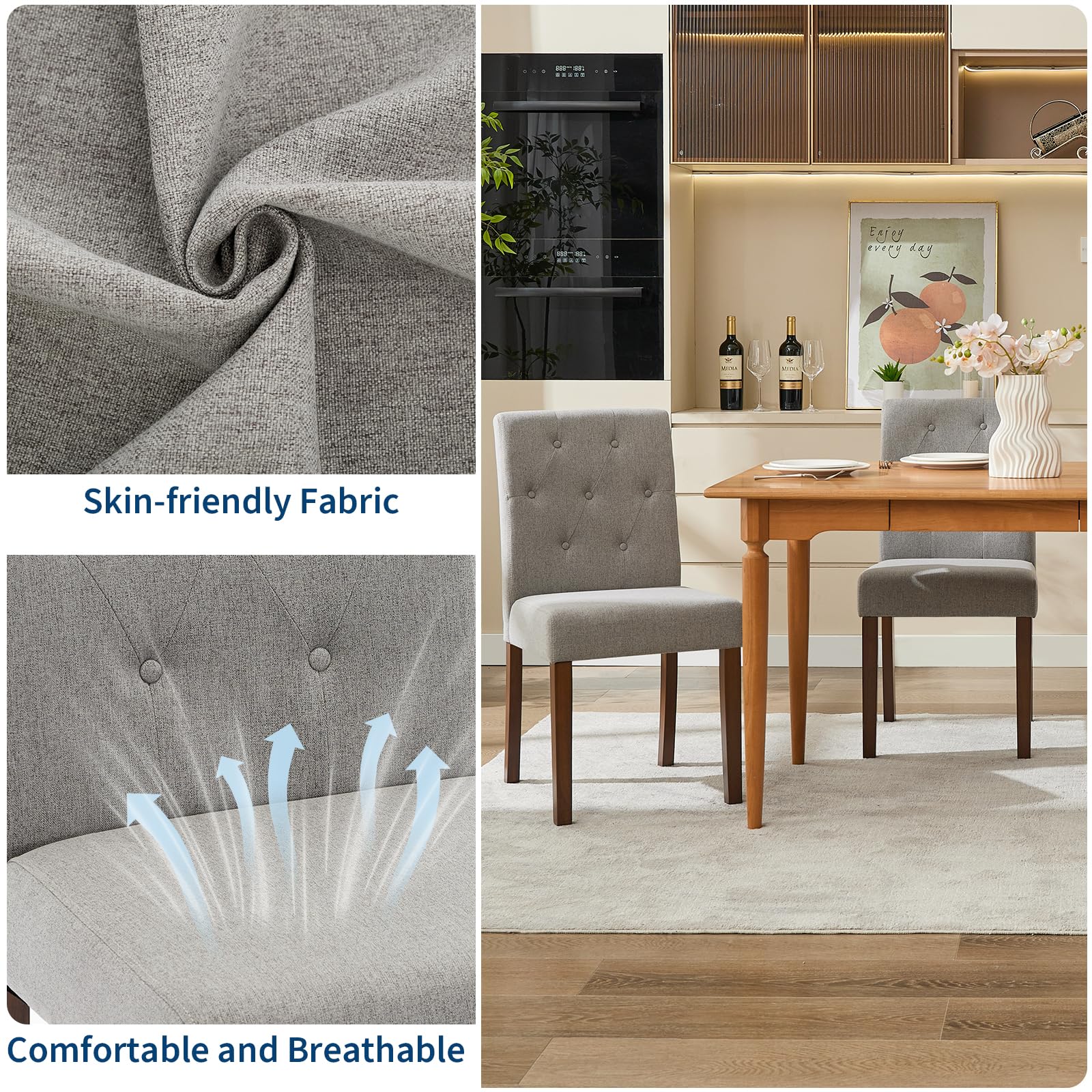 Set di 2 sedie da pranzo imbottite Garvee, design moderno Parsons, tessuto in lino morbido, gambe in legno robusto, supporto ergonomico, grigio, sala da pranzo e bar