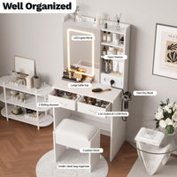 Tavolo da toeletta Garvee con illuminazione a LED e specchio, sgabello imbottito, 2 cassetti, 3 scomparti, stazione di ricarica, illuminazione dimmerabile, bianco/nero/rosa