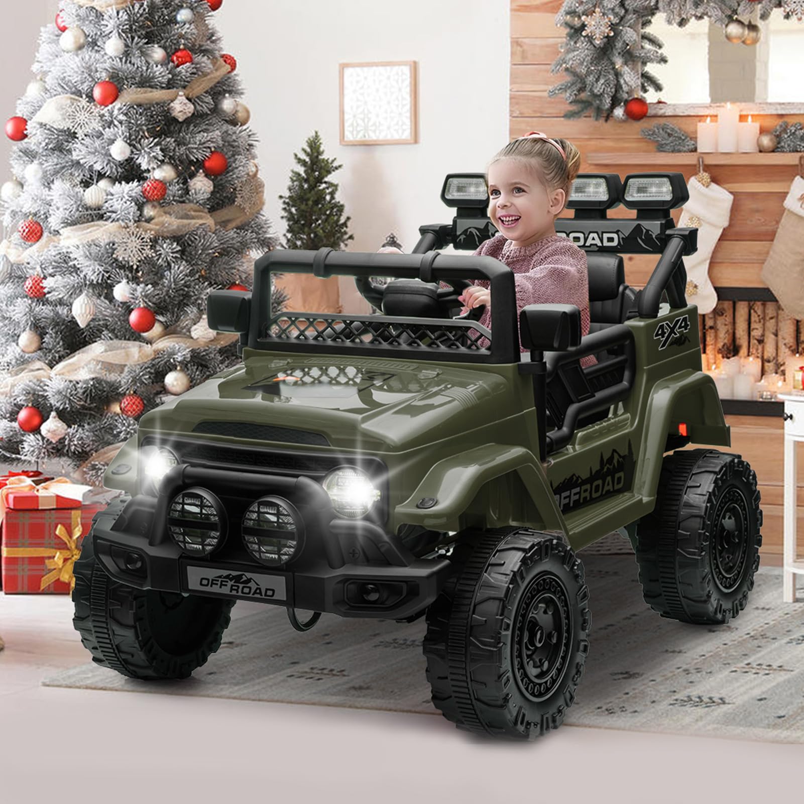 Garvee 12V Auto elettrica per bambini verde militare con LED e Bluetooth per parco giochi, giardino e guida su strada