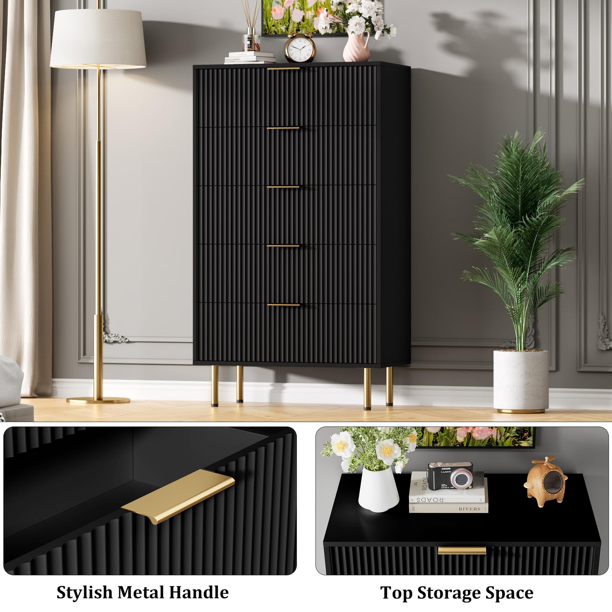 Cassettiera moderna Garvee a 5 cassetti con pannello scanalato per camera da letto e corridoio, 66.29 cm L x 32.51 cm W x 11.68 cm H, legno MDF, maniglie in metallo, robusta