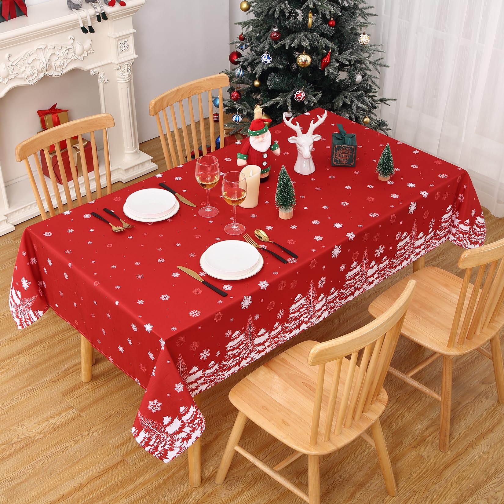 Tovaglia natalizia rettangolare Garvee - Fiocco di neve rosso - Impermeabile - 137x274 cm - Tovaglia festiva per Natale e Capodanno
