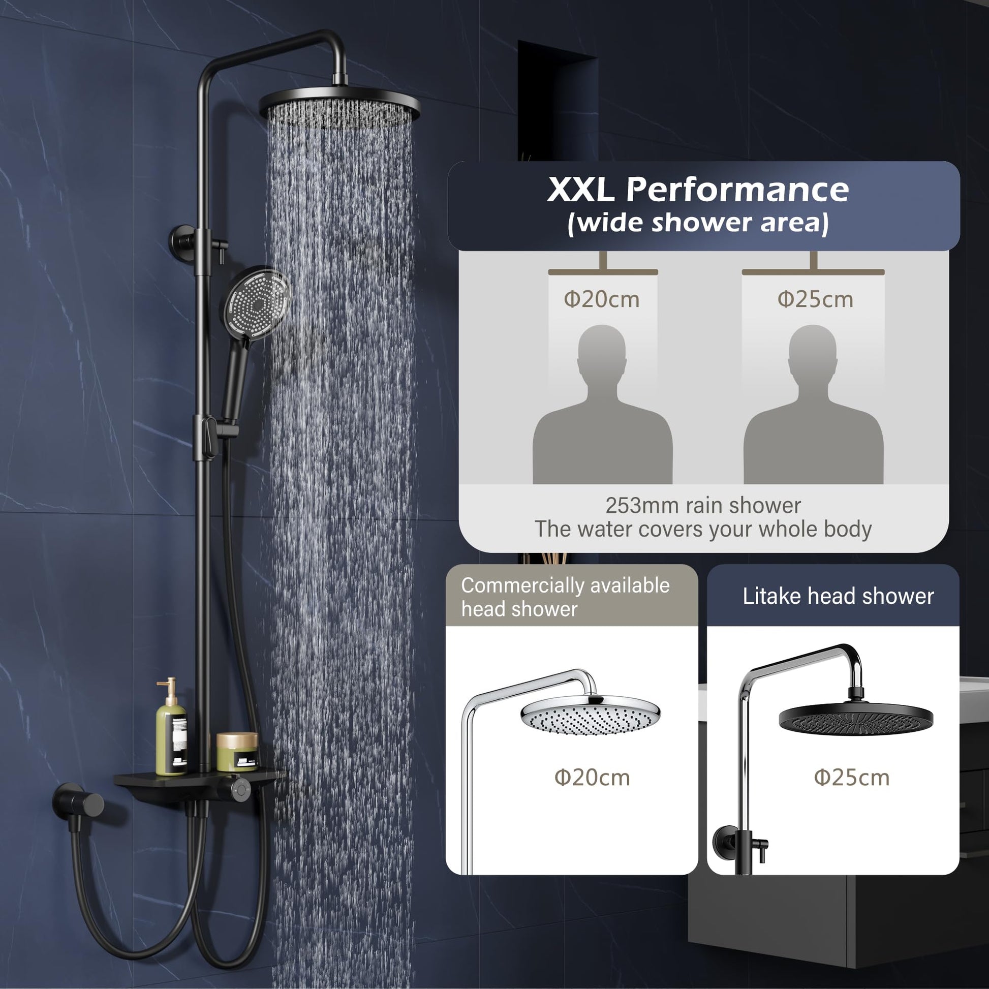 GARVEE Doccia a pioggia senza rubinetto con mensola, sistema doccia regolabile in acciaio inox per doccia, 25 cm nero