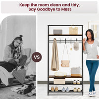 Appendiabiti e scarpiera Garvee 4 in 1 – Struttura in metallo effetto legno, 5 ganci e panca per corridoio e ingresso