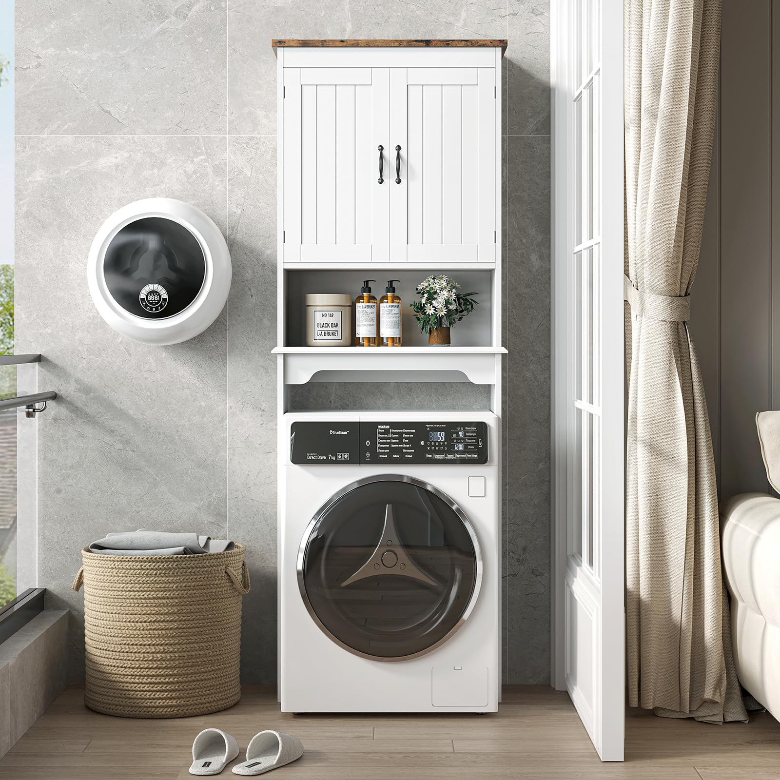 Mensola da bagno Garvee sopra il WC, 66 pollici di altezza, doppie ante, ripiani regolabili, legno, bianco, salvaspazio