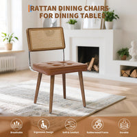 Set di 2 sedie da pranzo Garvee Mid Century in rattan con schienale intrecciato a mano, seduta imbottita, struttura in legno, pelle PU marrone, per cucina e sala da pranzo