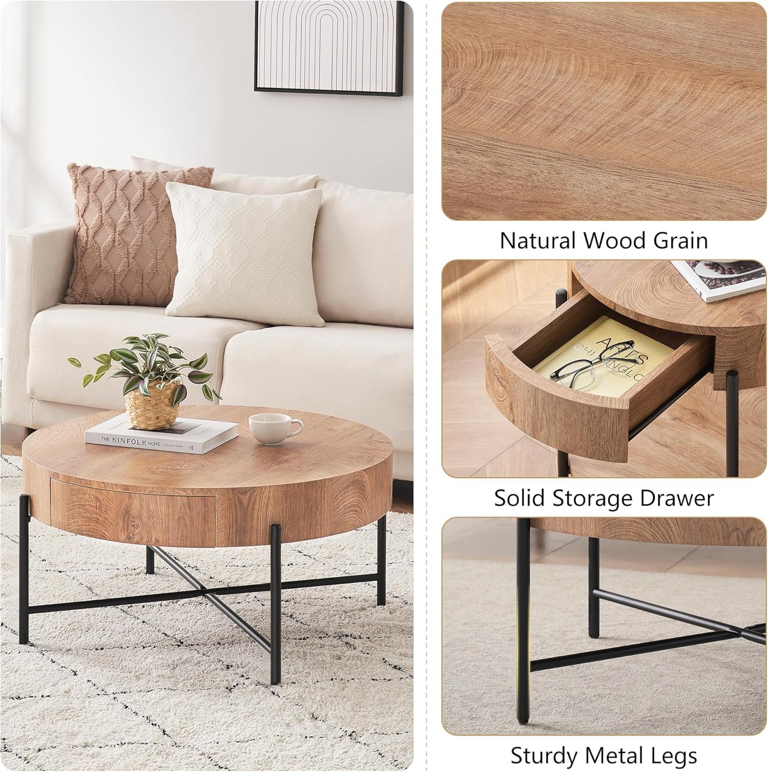 Tavolino da caffè rotondo in legno Garvee con 2 cassetti, gambe in metallo, stile rustico per soggiorno, stile fattoria, dimensioni medie, marrone