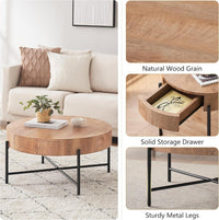 Tavolino da caffè rotondo in legno Garvee con 2 cassetti, gambe in metallo, stile rustico per soggiorno, stile fattoria, dimensioni medie, marrone