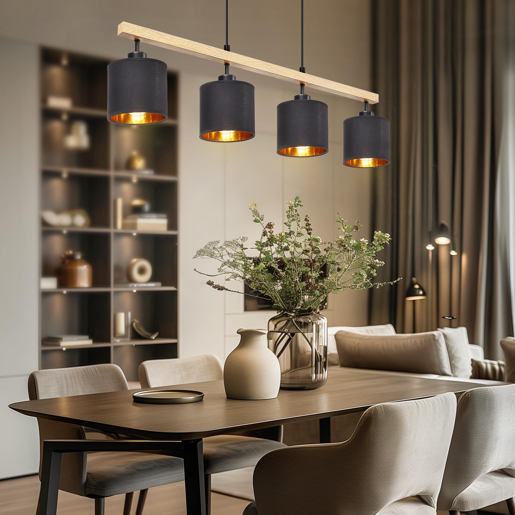GARVEE Lampadario moderno a 4 luci per sala da pranzo, trave in legno, paralume in tessuto, metallo nero opaco, E27, max 60 W, elegante soggiorno
