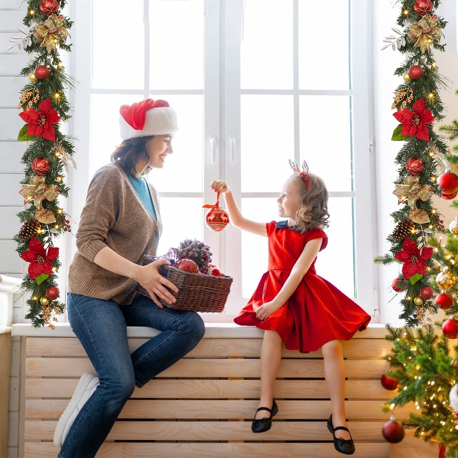 Ghirlanda natalizia preilluminata Garvee con 20 luci LED, 1,8 m, a batteria, timer, rosso e oro, per uso interno ed esterno