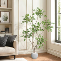 Fiore artificiale Nandina Garvee da 1,5 m con vaso in ceramica grigia per arredamento interno, soggiorno, ufficio, facile da curare, foglie realistiche