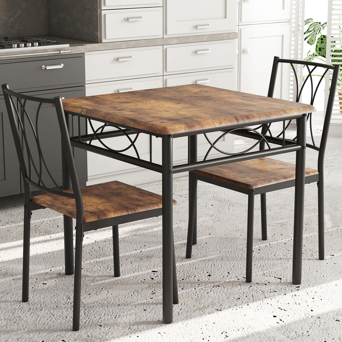 Set da pranzo Garvee da 3 pezzi per 2 persone, quadrato, salvaspazio, piano del tavolo in MDF robusto, sedie ergonomiche in legno, marrone rustico, compatto per piccoli spazi