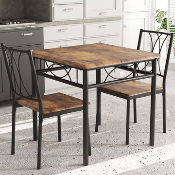 Set da pranzo Garvee da 3 pezzi per 2 persone, quadrato, salvaspazio, piano del tavolo in MDF robusto, sedie ergonomiche in legno, marrone rustico, compatto per piccoli spazi