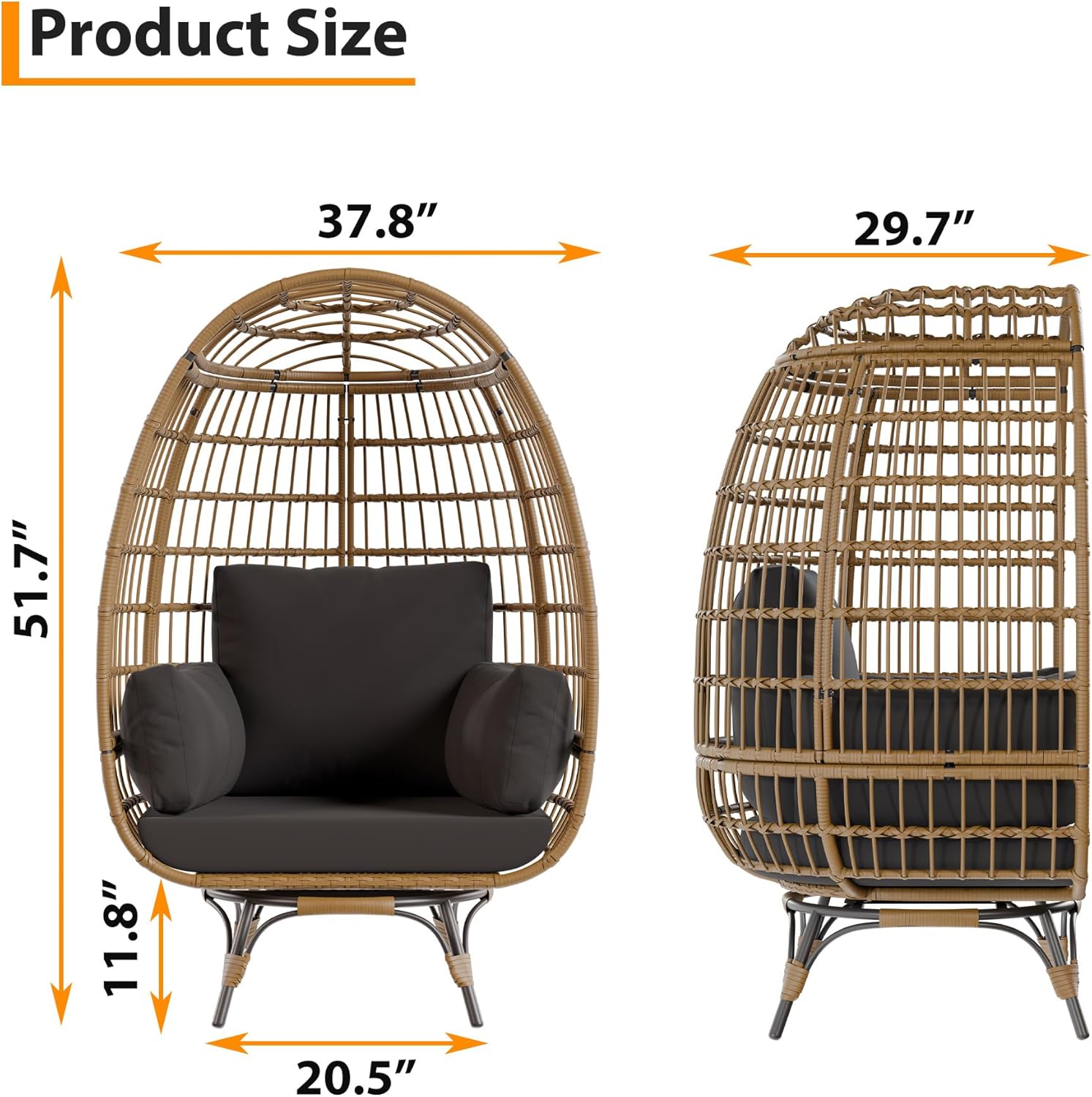 Garvee Sedia a Uovo Girevole 360° in Rattan PE Oversize con Cuscino Imbottito per Giardino e Balcone, 96x75.4x145.3 cm, Resistente all'Acqua e UV
