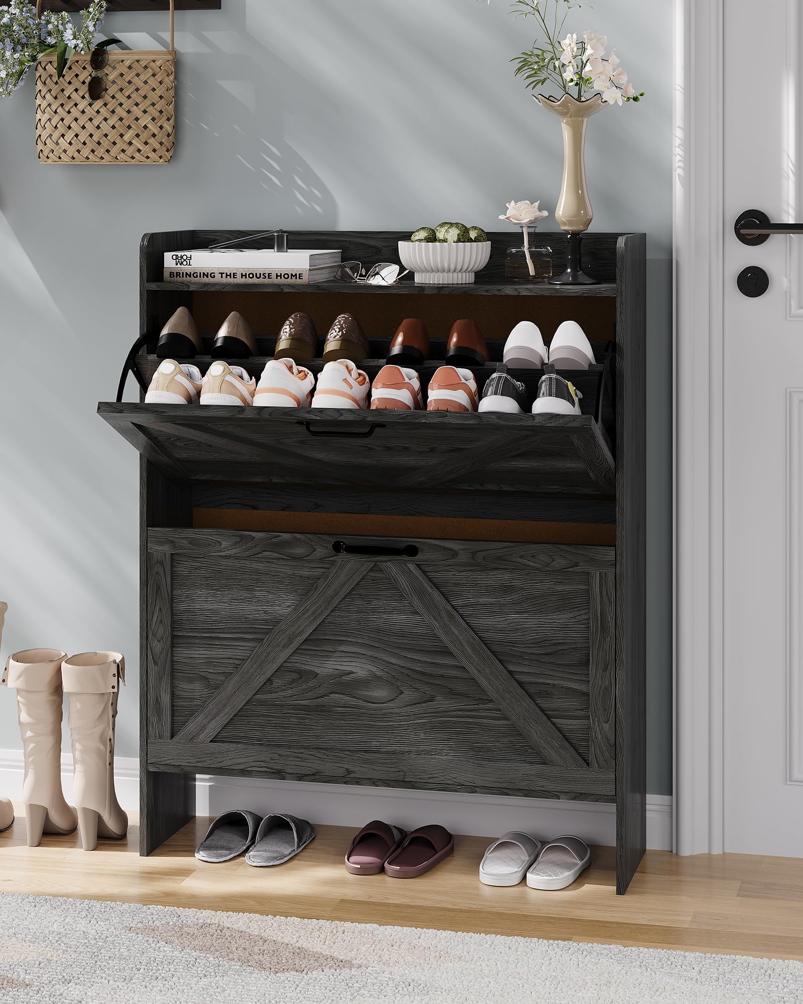 Garvee Scarpiera con 2 cassetti pieghevoli, marrone rustico, per corridoio e ingresso, salvaspazio, resistente, gambe in metallo