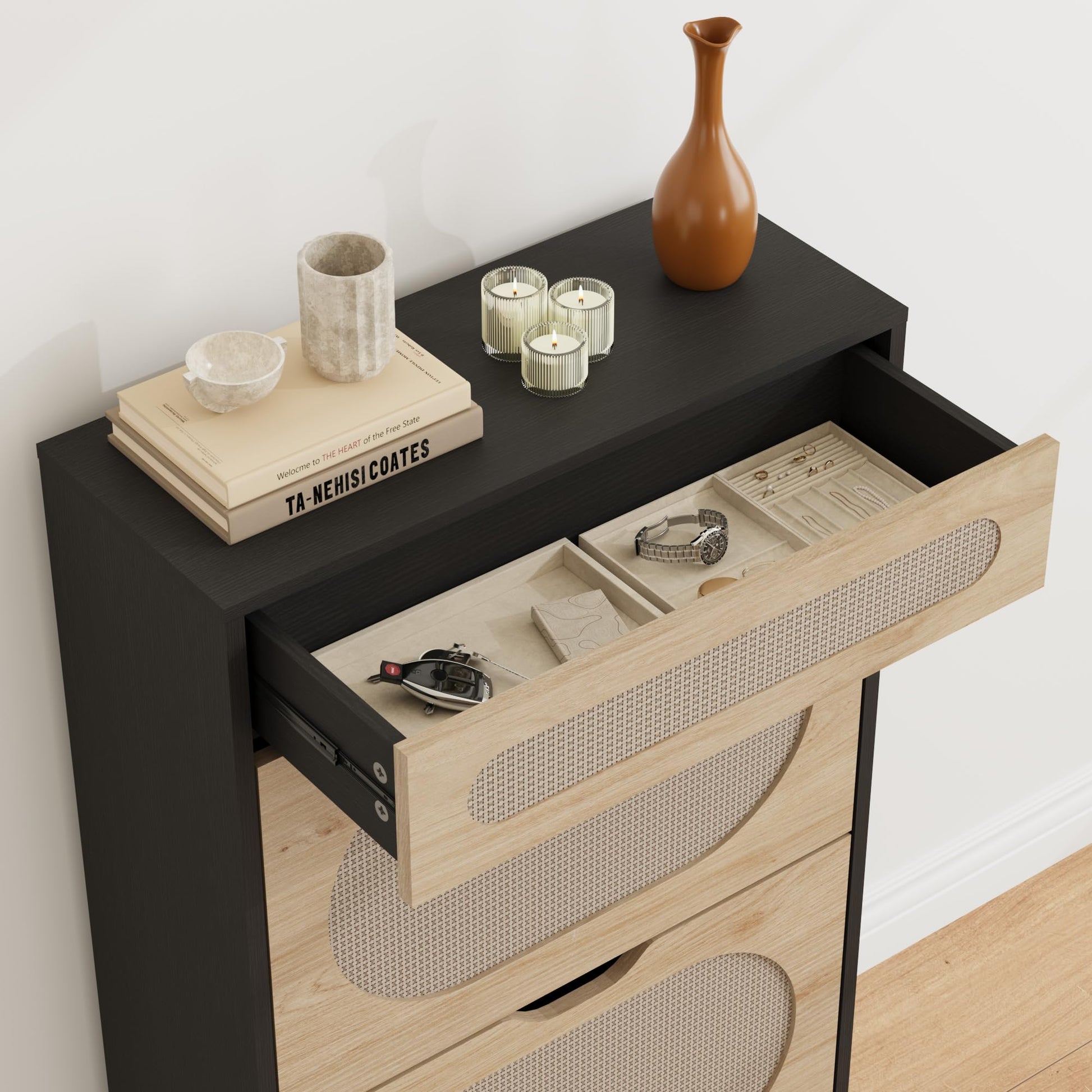 Scarpiera in rattan Garvee con 2 cassetti pieghevoli e 1 cassetto estraibile per corridoio e ingresso, 3 ripiani regolabili, nero, robusta, traspirante