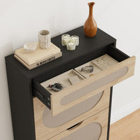 Scarpiera in rattan Garvee con 2 cassetti pieghevoli e 1 cassetto estraibile per corridoio e ingresso, 3 ripiani regolabili, nero, robusta, traspirante