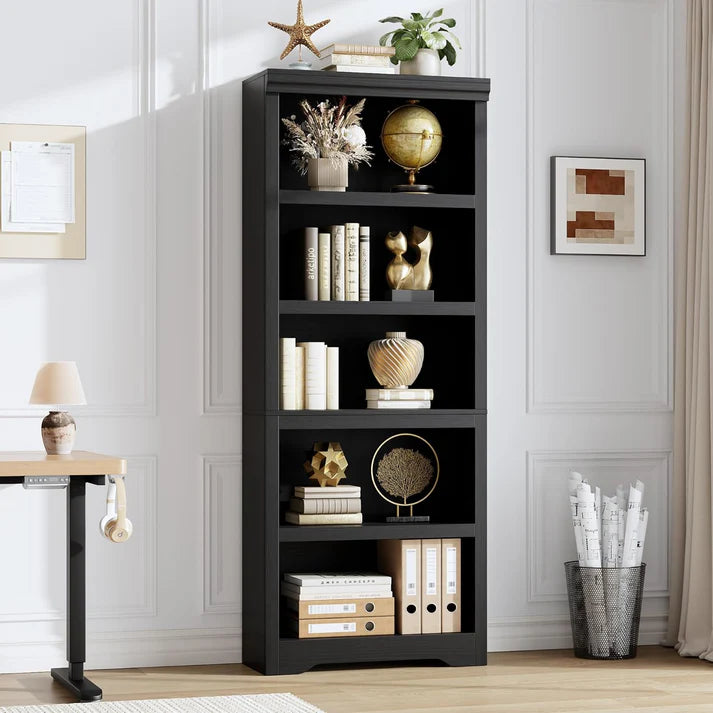 Garvee Libreria a 5 Ripiani Regolabile Antiscivolo MDF Robusto Nero per Soggiorno e Ufficio 175 cm Alta