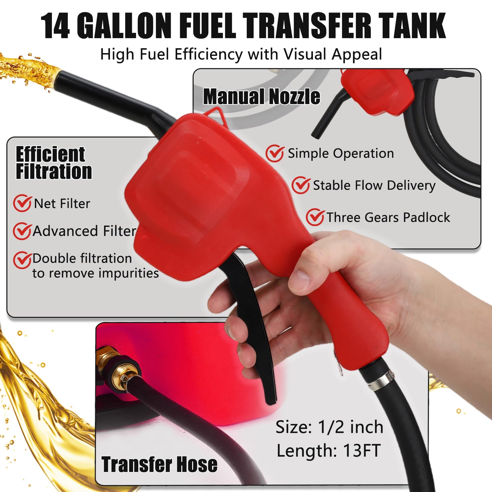 Contenitore per carburante Garvee da 14 galloni con pompa a sifone, tubo da 10 piedi, HDPE, a prova di perdite, su ruote per auto e barche, portatile, resistente ai raggi UV