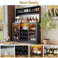 Mobile bar per vino Garvee con luce LED e presa, 9 portabottiglie e 6 ganci, in truciolato, per cucina e soggiorno, ripiano regolabile, design moderno