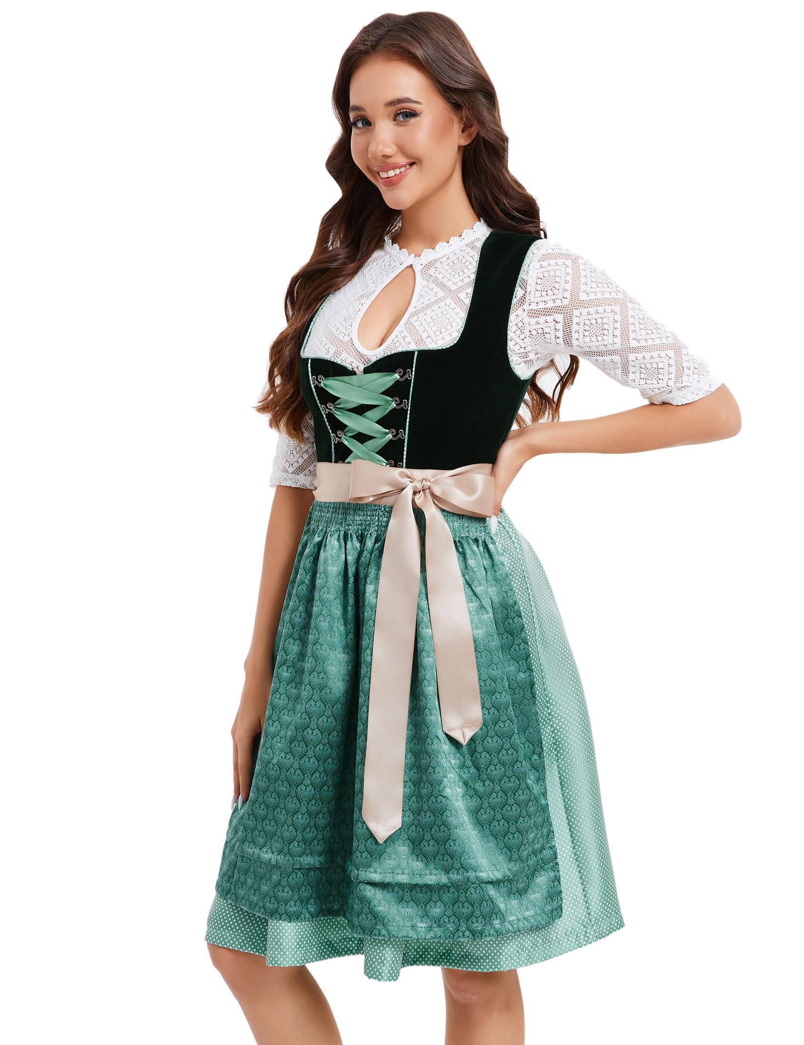 Garvee Dirndl da donna, abito tradizionale corto, midi, set completo, verde, taglia 34, per l'Oktoberfest