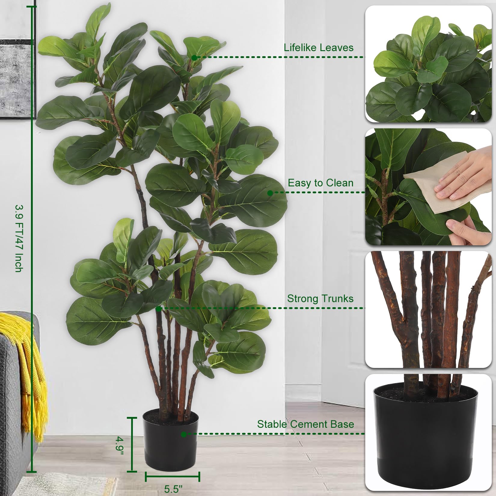 Albero artificiale Garvee Ficus Lyrata da 4 piedi con 72 foglie e robusto vaso in cemento per casa e ufficio, facile da pulire, verde scuro
