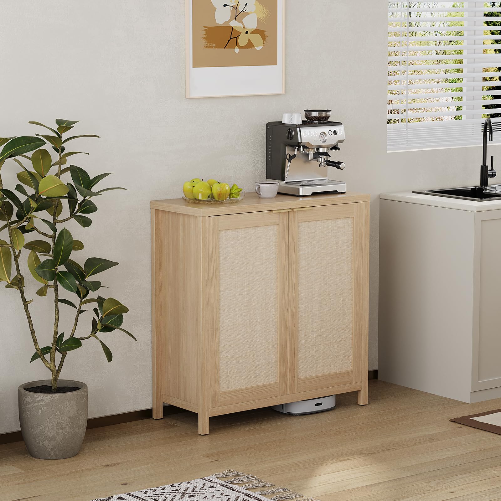 Credenza da cucina Garvee Farmhouse con ante in rattan, ripiani regolabili, legno, ampio spazio di archiviazione, corridoio e sala da pranzo, colori naturali
