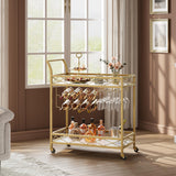 Carrello bar Garvee Gold con 2 ripiani, portabottiglie e portabicchieri, struttura in ferro, ripiano in marmo bianco e legno, 4 ruote, per cucina e soggiorno