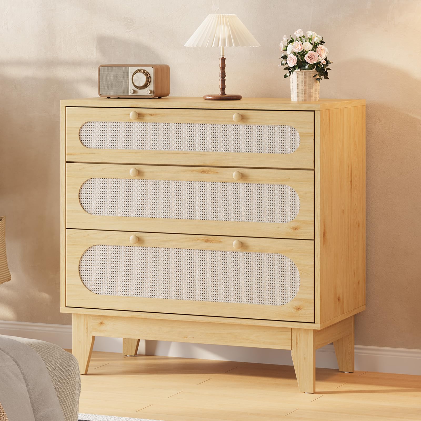 Cassettiera Garvee a 3 cassetti, in legno e rattan, design moderno, soggiorno e camera da letto, rovere chiaro, robusta e versatile