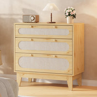 Cassettiera Garvee a 3 cassetti, in legno e rattan, design moderno, soggiorno e camera da letto, rovere chiaro, robusta e versatile