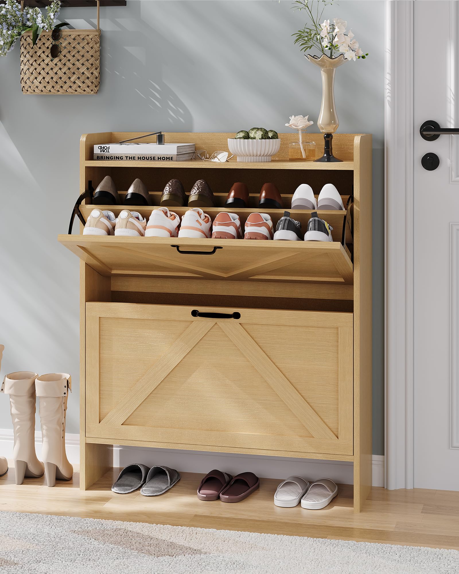 Garvee Scarpiera con 2 cassetti pieghevoli, marrone rustico, per corridoio e ingresso, resistente, salvaspazio, in legno