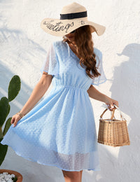 Garvee Abito estivo elegante da donna, lunghezza al ginocchio, con motivo a pois svizzeri, linea ad A, manica corta, scollo a V, azzurro chiaro da spiaggia, taglia L