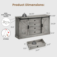 Mobile porta TV Garvee per camera da letto con ante scorrevoli, 4 cassetti, legno, maniglie a barra, per TV da 65 pollici, stile rustico, bianco